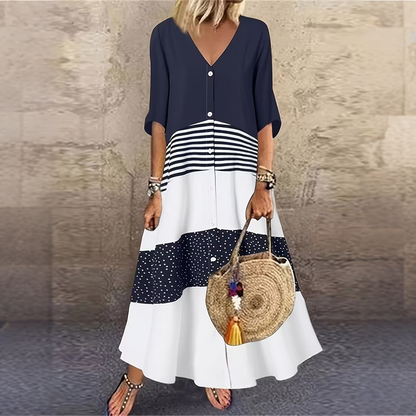 💃Reducere 50%🔥【40-120kg】Rochie maxi modernă de vară, cu decolteu în V și nasturi, perfectă pentru o vacanță la plajă.