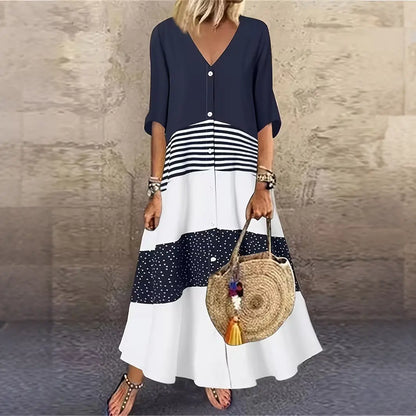 💃Reducere 50%🔥【40-120kg】Rochie maxi modernă de vară, cu decolteu în V și nasturi, perfectă pentru o vacanță la plajă.