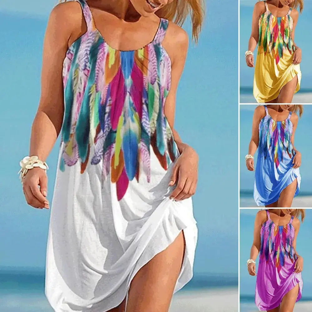 🎁【S-8XL】Rochie de plajă cu imprimeu de vară pentru femei, perfectă pentru călătorii și vacanțe.