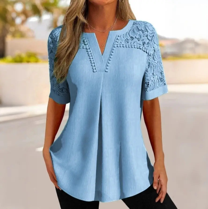 🌸✨ [40-120kg] Tricou nou cu mânecă scurtă, cu dantelă și decolteu în V 👚💖
