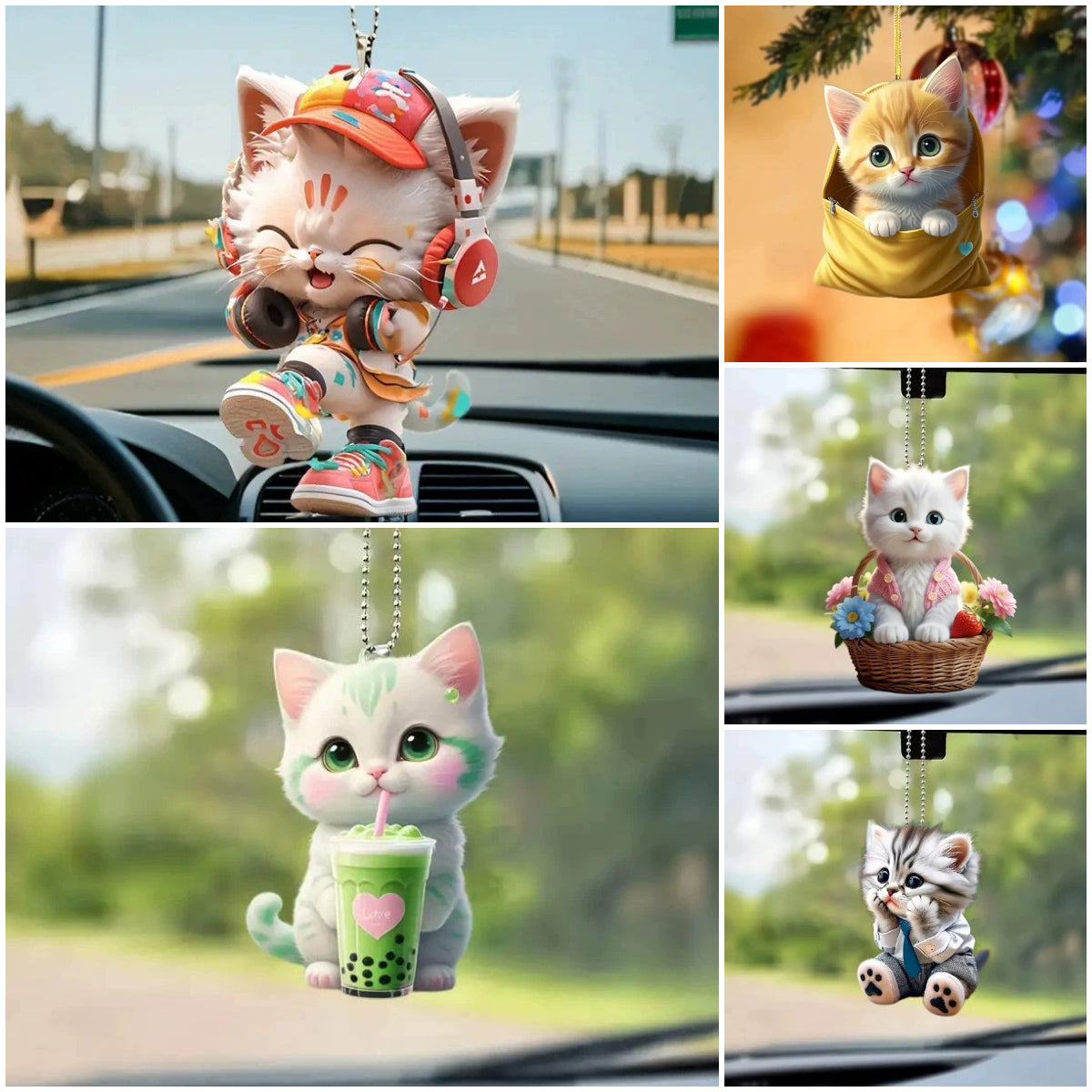 🐱[5/10 bucăți] Pandantiv pisică cu ceai de lapte, pandantiv acrilic pentru interior auto, pandantiv plat pentru oglinda retrovizoare auto, decorațiune