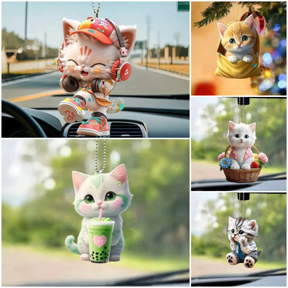 🐱[5/10 bucăți] Pandantiv pisică cu ceai de lapte, pandantiv acrilic pentru interior auto, pandantiv plat pentru oglinda retrovizoare auto, decorațiune