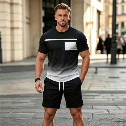 ✨Set sport bărbătesc din două piese, ideal pentru vară: tricou confortabil cu mânecă scurtă și pantaloni scurți.