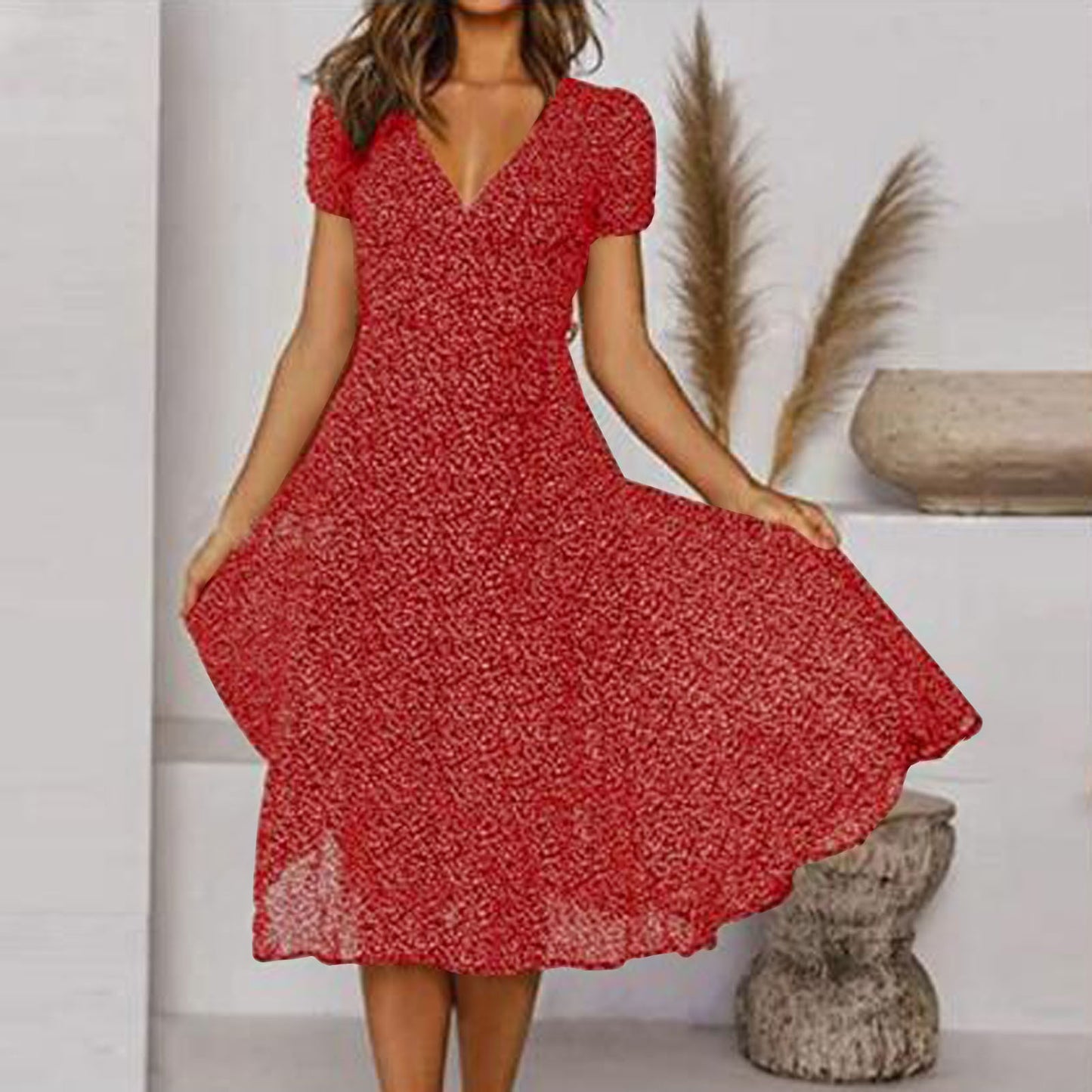 🌈👗 Reducere 50%🔥【40-100kg】Rochie cu mânecă scurtă, decolteu în V și model floral cu buline, mărimi mari