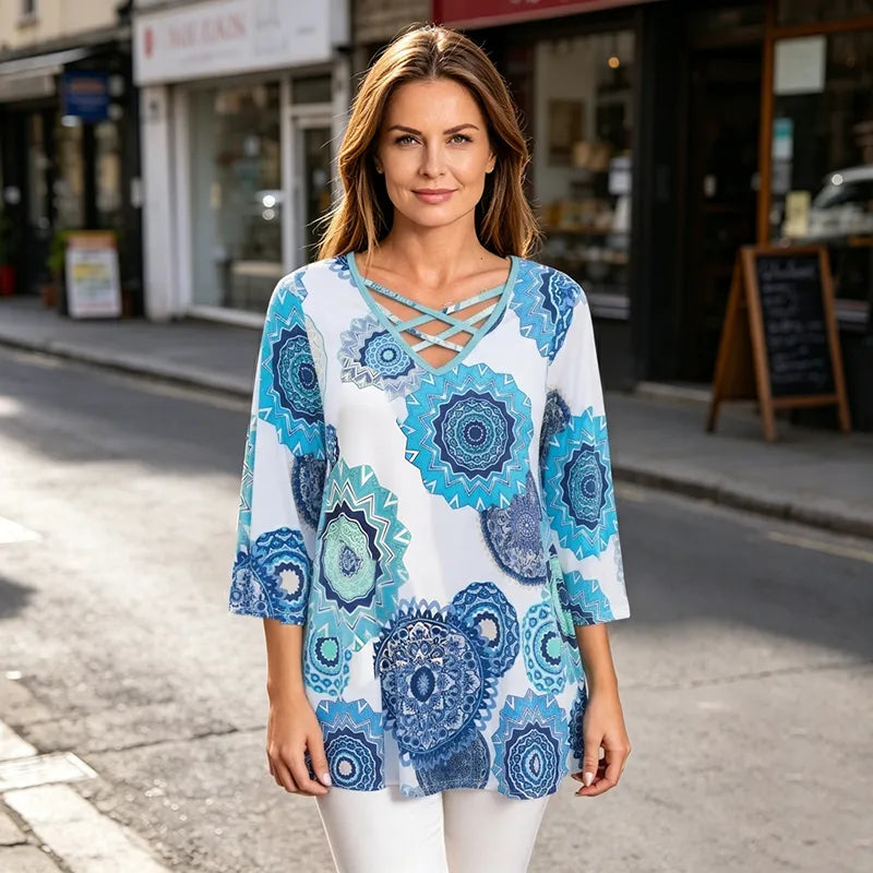 🎁Tricou de vară pentru femei, imprimeu retro, decolteu în V cu bretele încrucișate, material moale.