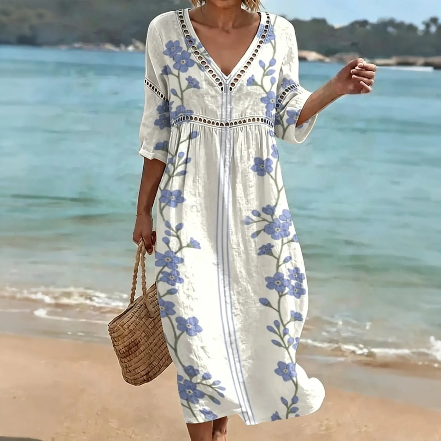 ✨Rochie lungă din bumbac și in cu imprimeu floral, stil estival, decolteu în V, talie definită.