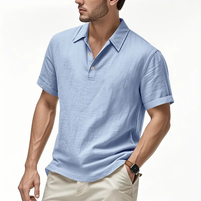 🌿👔 Tricou polo casual bărbătesc din in, lejer, cu guler și mâneci scurte
