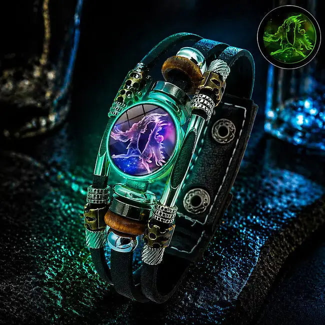 🌙 Brățară din piele luminoasă, cu simbol zodiacal – design împletit în 3 straturi, lungime reglabilă, unisex 💫✨