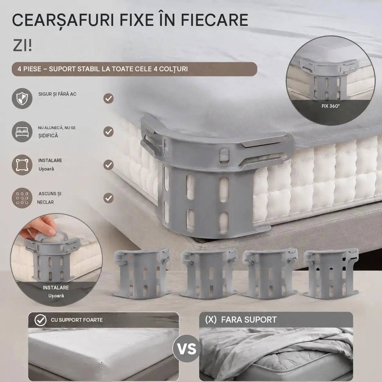 Set de patru bucăți 139 lei‑🛏️ Cleme invizibile pentru colțurile cearșafului‑împiedică deplasarea sau alunecarea cearșafurilor, menținându‑le netede și fixe