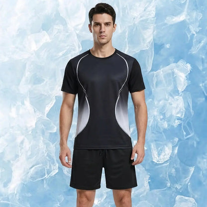 🆒✨ Set sport de vară pentru bărbați, confecționat din țesătură de mătase glacială de înaltă calitate, potrivit pentru alergare, țesătură de plasă cu uscare rapidă.