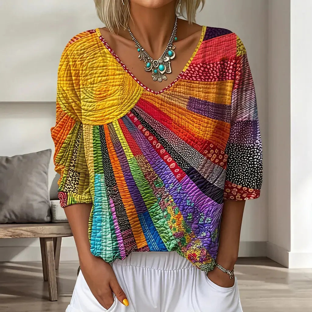 ⏰Tricou cu mânecă trei sferturi, decolteu în V, imprimeu floral retro și imprimeu artistic în gradient.