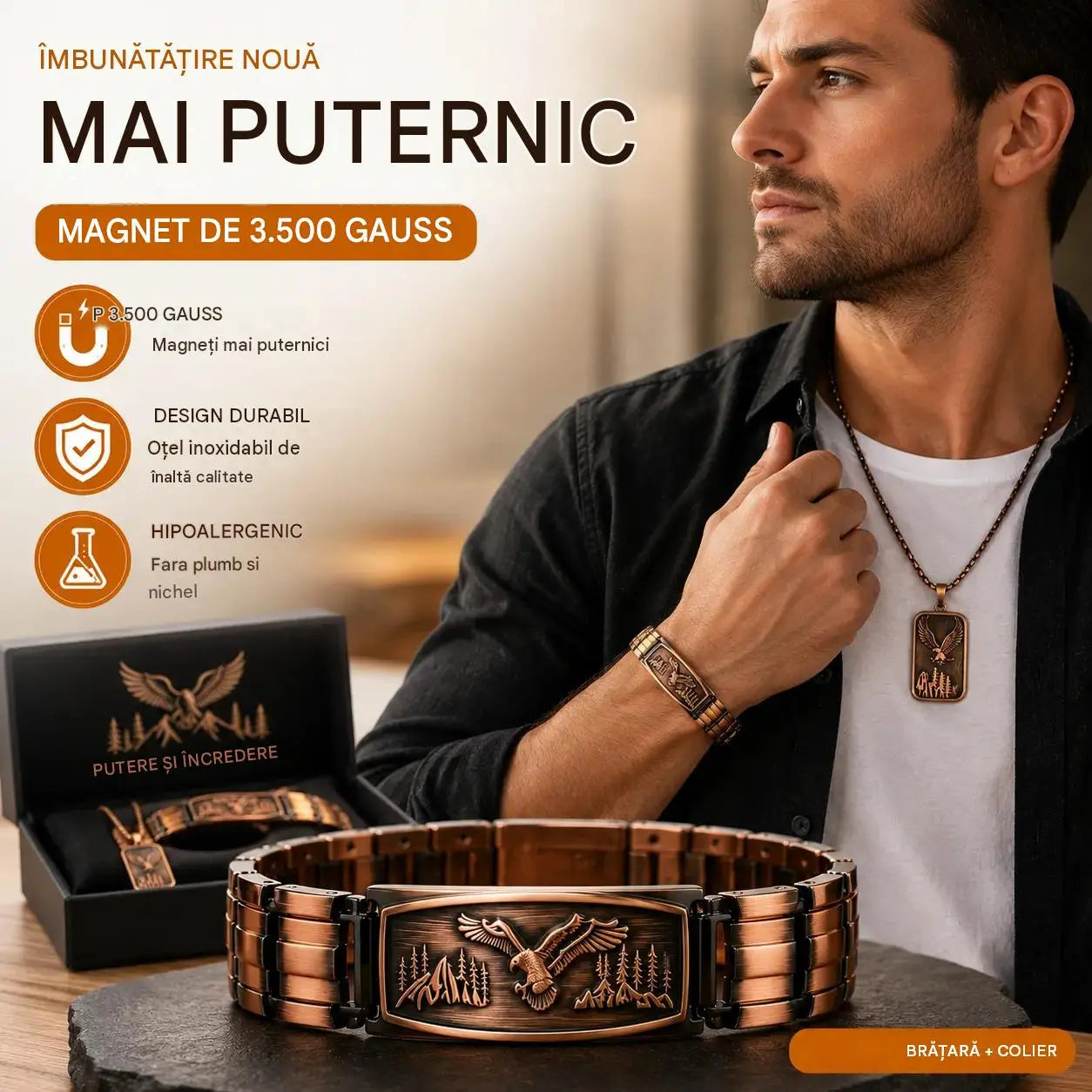 🔥【Brățară + Colier】Brățară magnetică pentru bărbați, cu design de vultur