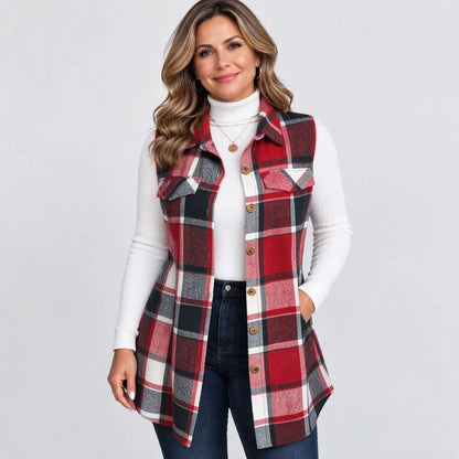 ✨【S-5XL】Vestă nouă de damă fără mâneci – în carouri, cu guler, lungime medie, mărimi mari.