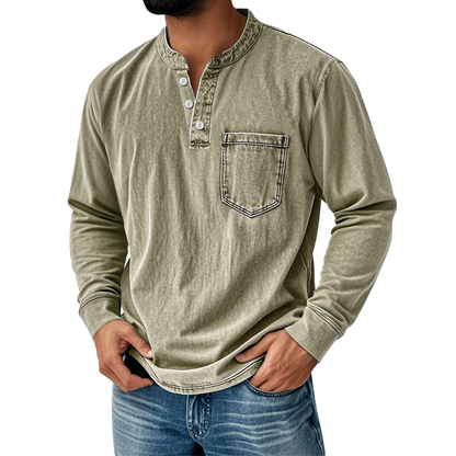 👔🔥Cămașă bărbătească din denim cu mâneci lungi și decolteu în V, cu buzunar