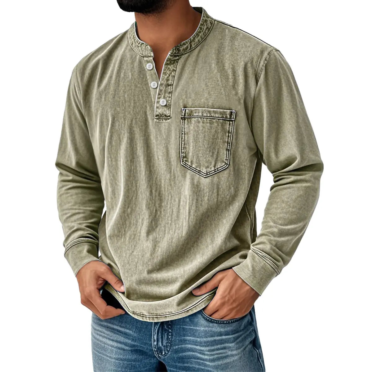 👔🔥Cămașă bărbătească din denim cu mâneci lungi și decolteu în V, cu buzunar