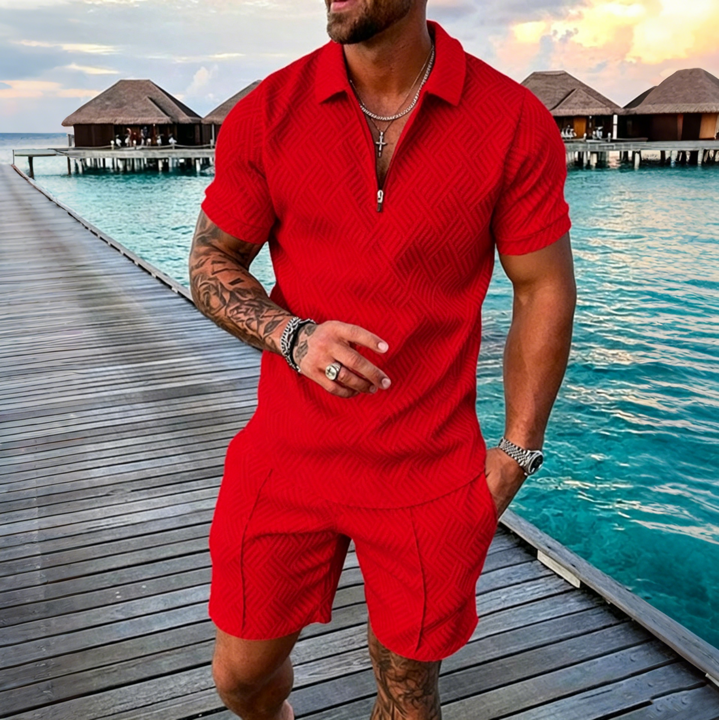 😎🔥【Top + Pantaloni】 (40-130 kg) Set de zi cu zi format din tricou polo cu fermoar și imprimeu 3D pentru bărbați