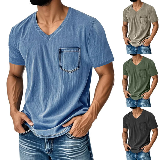 👔 50% reducere🔥【40-120 kg】Tricou bărbătesc din denim, casual, lejer, cu decolteu în V și mânecă scurtă ✅️Ramburs la livrare
