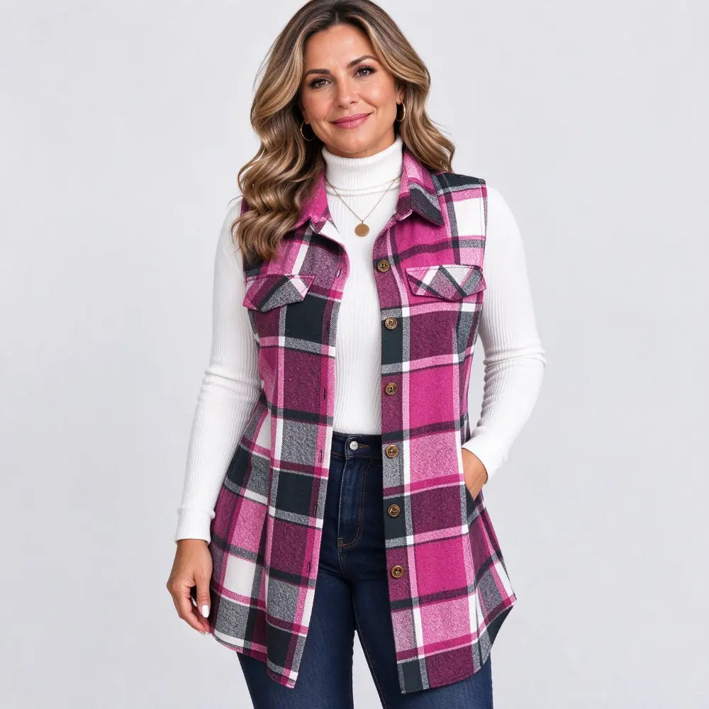 ✨【S-5XL】Vestă nouă de damă fără mâneci – în carouri, cu guler, lungime medie, mărimi mari.