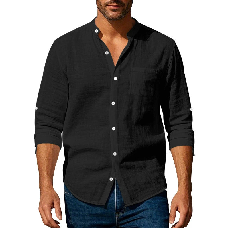 👔🔥 Camisa informal de lino para hombre, manga larga, cuello alto, tejido transpirable.