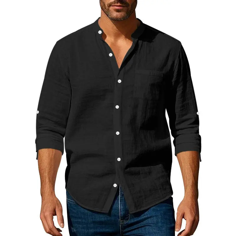 👔🔥 Camisa informal de lino para hombre, manga larga, cuello alto, tejido transpirable.