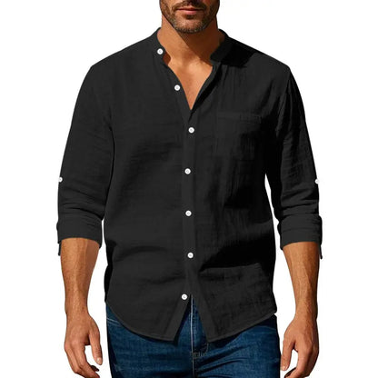 👔🔥 Camisa informal de lino para hombre, manga larga, cuello alto, tejido transpirable.