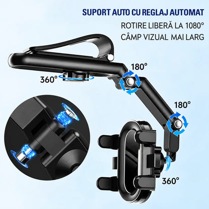 📱 Suport de telefon pentru parasolarul mașinii, rotire la 360°, fixare ușoară și navigare comodă