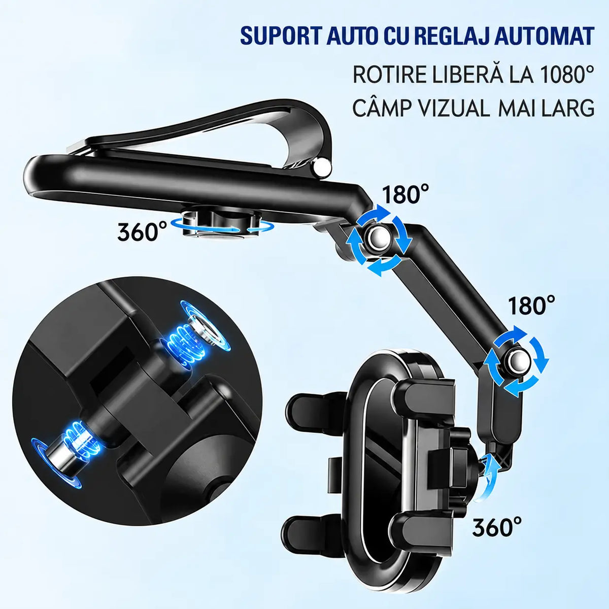 📱 Suport de telefon pentru parasolarul mașinii, rotire la 360°, fixare ușoară și navigare comodă