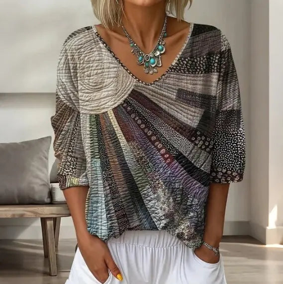 ⏰Tricou cu mânecă trei sferturi, decolteu în V, imprimeu floral retro și imprimeu artistic în gradient.