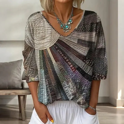 ⏰Tricou cu mânecă trei sferturi, decolteu în V, imprimeu floral retro și imprimeu artistic în gradient.