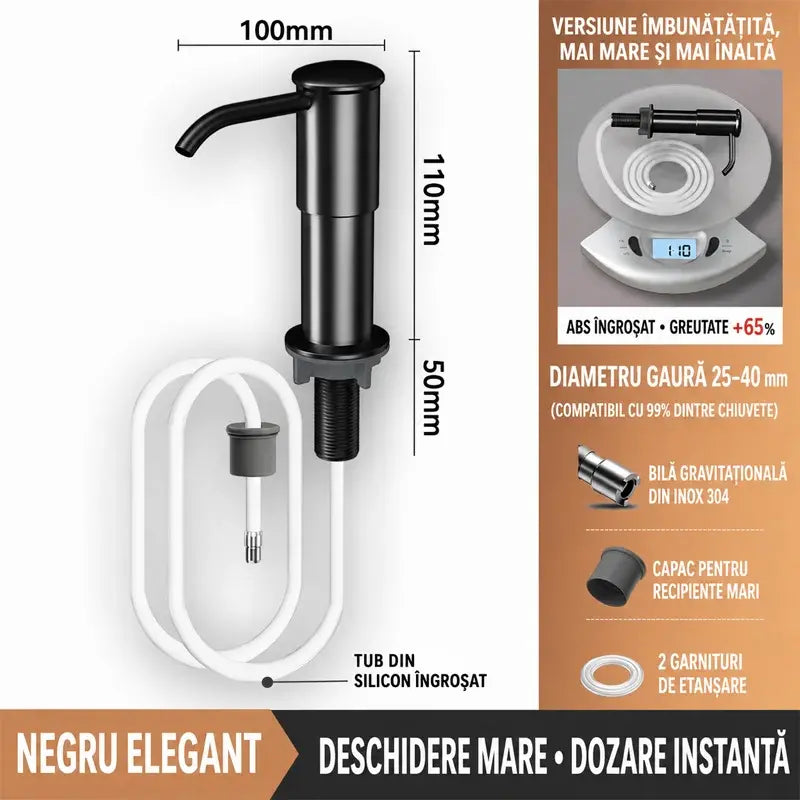 Dispenser Încorporabil de Săpun și Detergent pentru Chiuvetă Bucătărie, Din Oțel Inoxidabil Premium, Cu Tub Extensibil Direct în Sticlă și Bilă de Gravitație 304, Pompare Rapidă