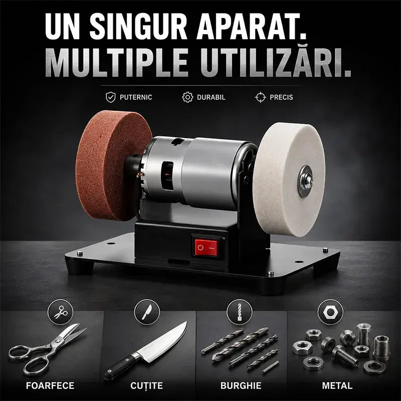 🛠️ Ascuțire și șlefuire profesională chiar la tine acasă! Polizor de banc mini multifuncțional (Motor din cupru / Viteză reglabilă / Disc dublu / Gata de utilizare)! ✨