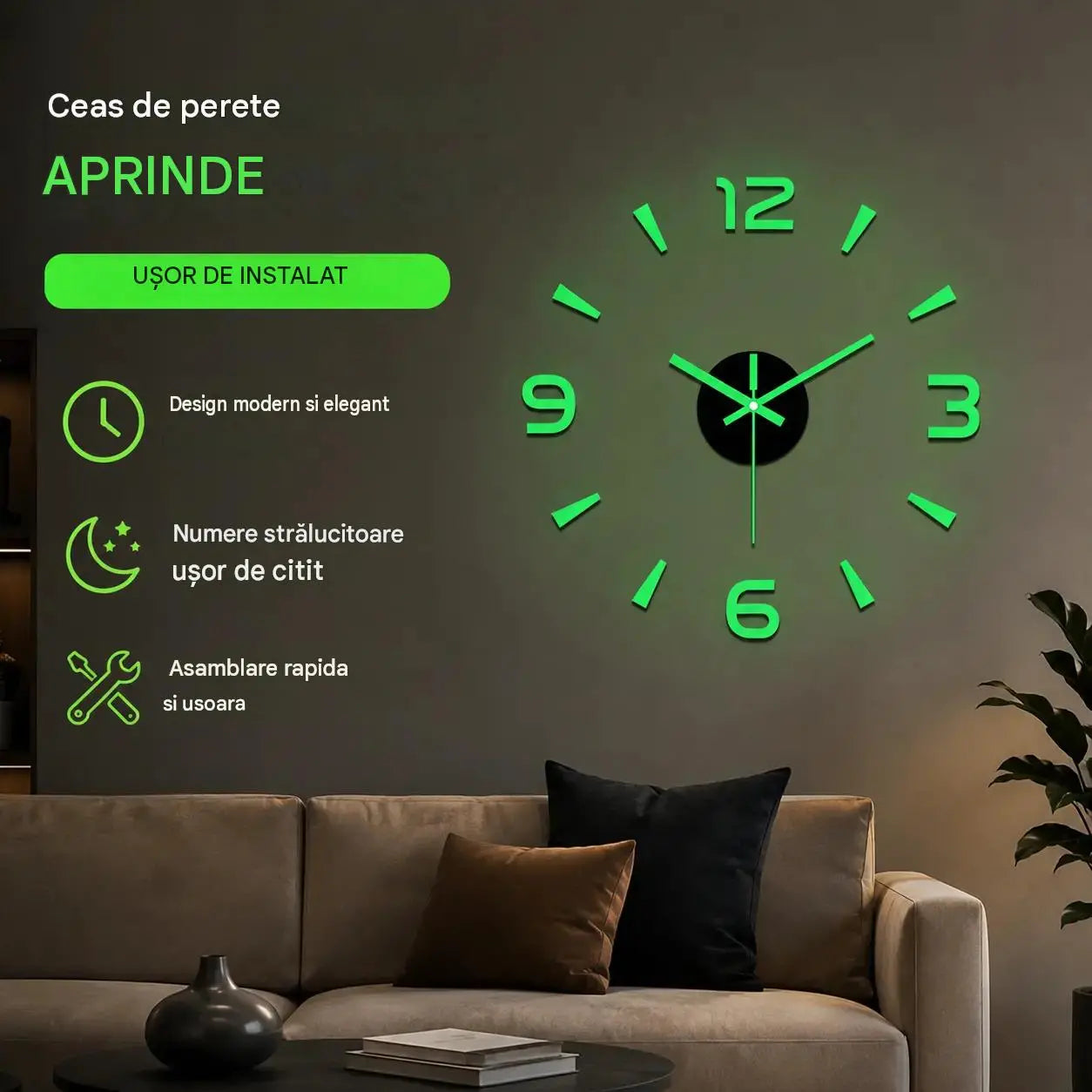 🕑✨Ceas de perete acrilic 3D luminos – nu necesită găurire (montaj necesar)