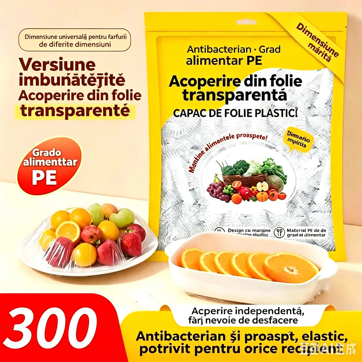 【1 pachet cu 300 de foi】🛡️ Folie alimentară cu acțiune antibacteriană – Protejează alimentele, ideală pentru bucătărie și frigider 🧴