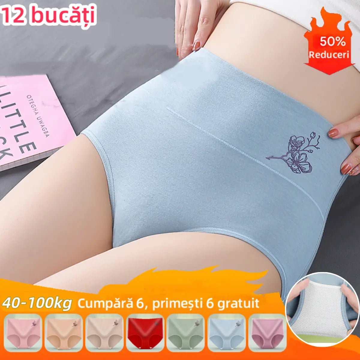 💖Ultima zi, 50% reducere! 【Cumpără 1, primești 5 gratuit】Chiloți din bumbac pur, talie înaltă, model ridicător pentru șolduri, mărimi mari [40–100 kg]