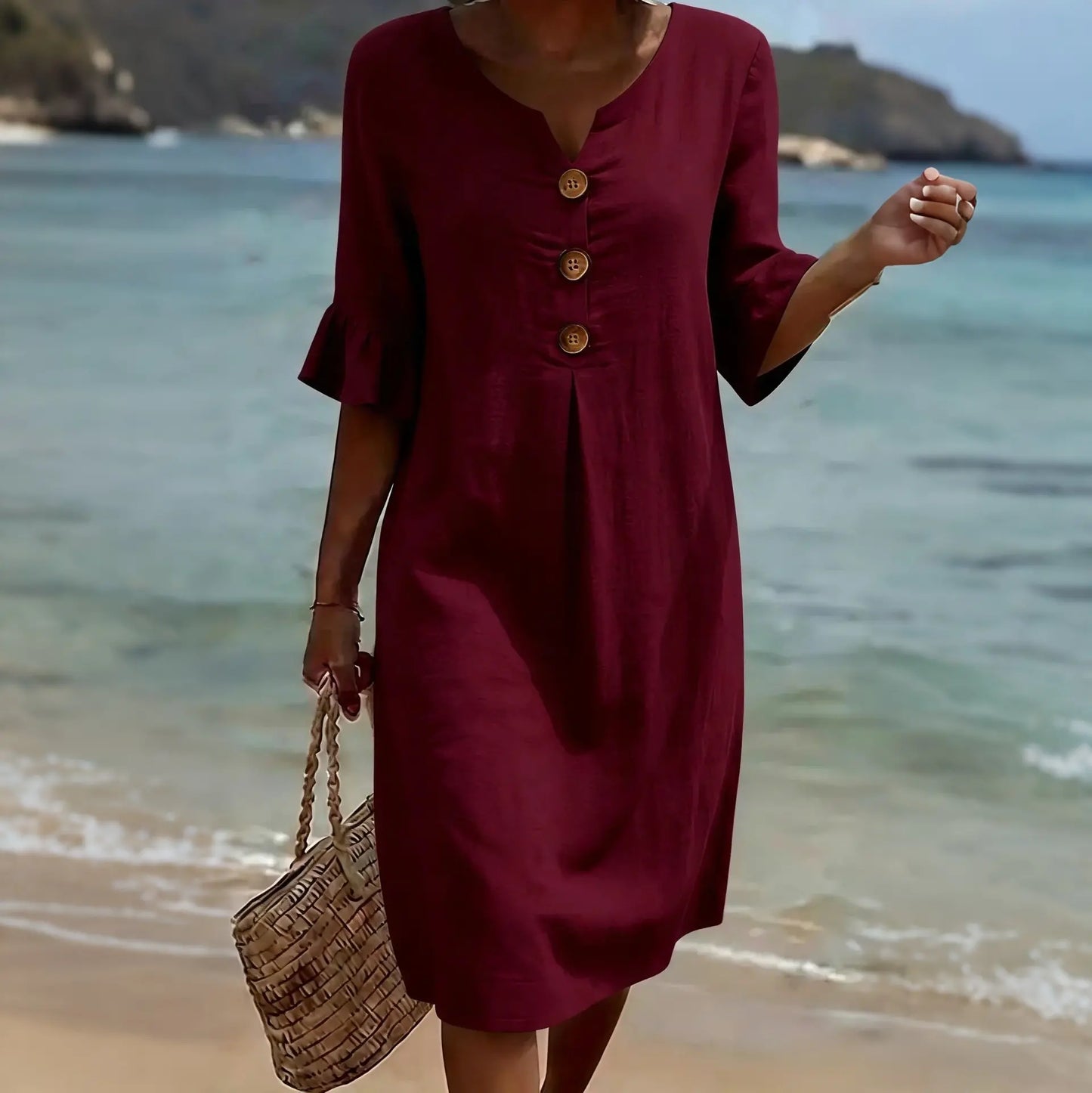 🎁【S-5XL】Rochie de damă din bumbac și in, cu mâneci bufante și nasturi
