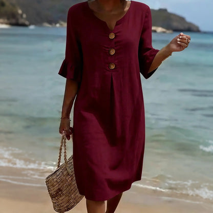 🎁【S-5XL】Rochie de damă din bumbac și in, cu mâneci bufante și nasturi