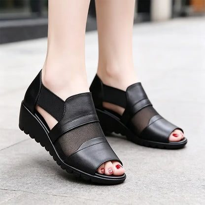 👡Sandale Elegante Franceze din Piele Naturală cu Toc Wedge