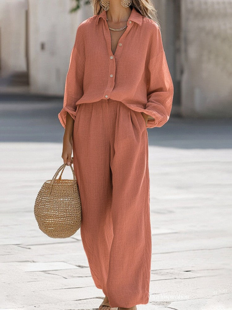 ✨【Bluză + Pantaloni】Set de zi cu zi pentru femei, cu mânecă lungă, din bumbac și in, și pantaloni