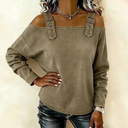 👘🔥Cămașă de damă din denim, cu umerii descheiați și mâneci lungi.