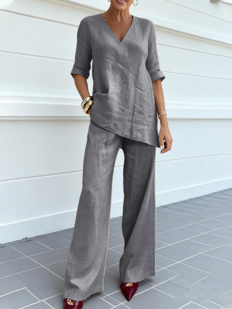 ❤️50% Reducere💥【40-100 kg】Set 2026: Top uni din bumbac și in, mânecă scurtă și decolteu în V + pantaloni casual drepți ✅️Ramburs la livrare