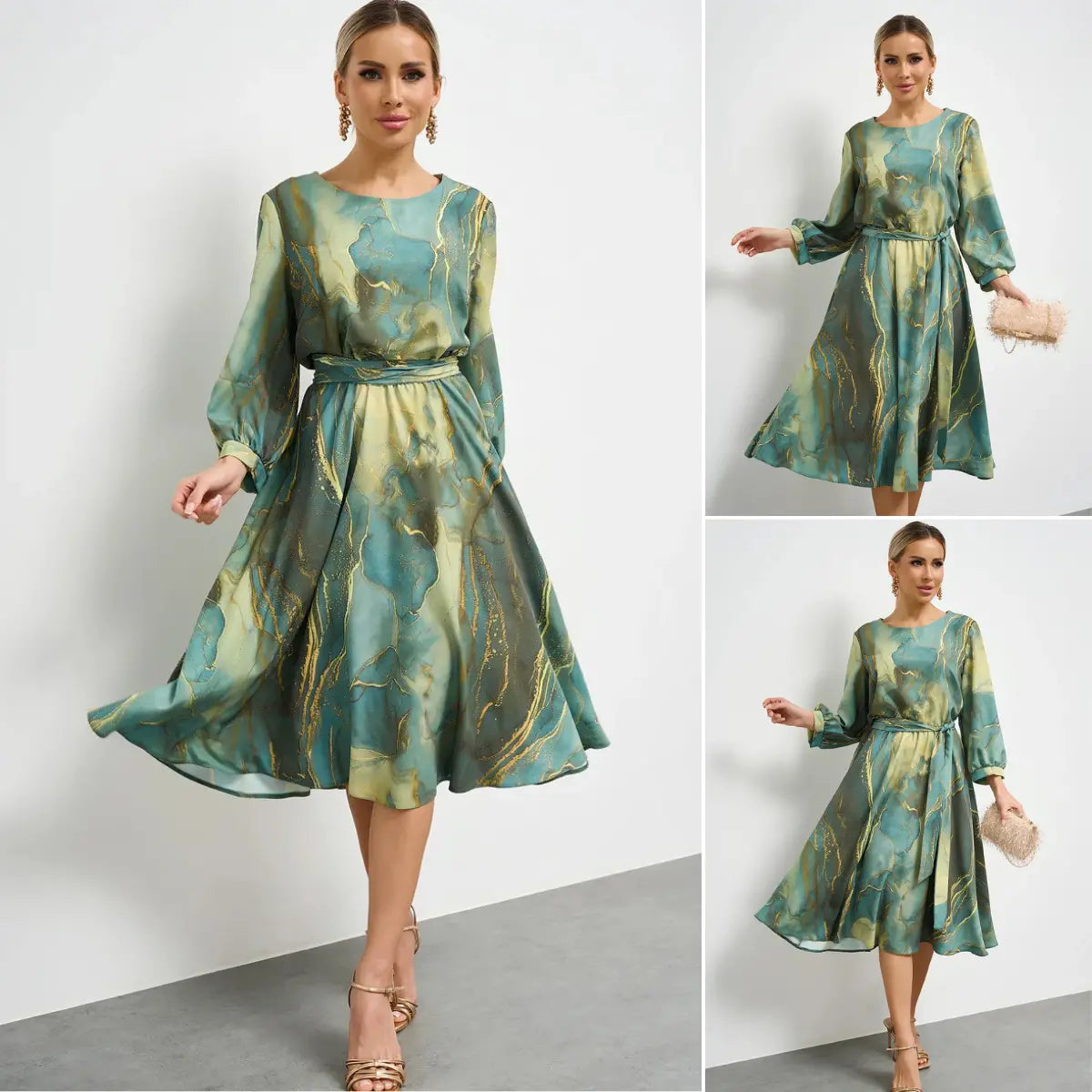 🌿👗Rochie verde elegantă cu mâneci lungi și fustă 🌸