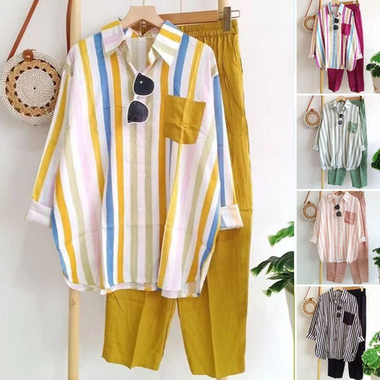 🔥【Nowe produkty cieszące się dużym popytem】【50% zniżki】🌸【S-5XL】Swobodny, wiosenny, dwuczęściowy garnitur w paski 