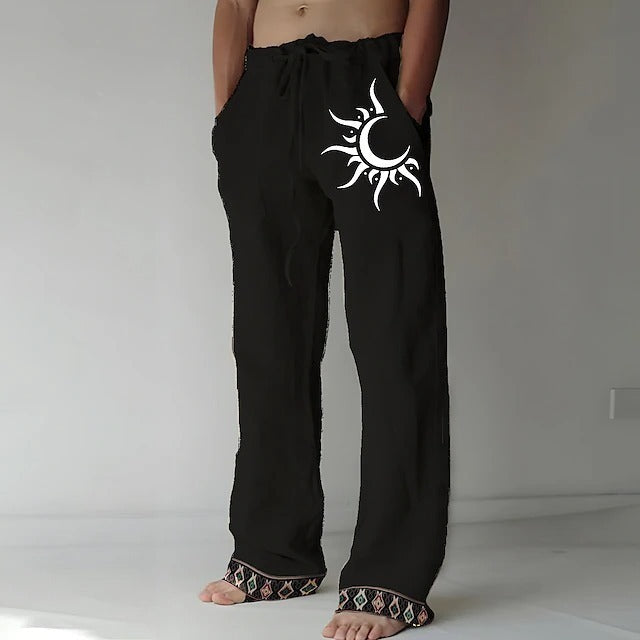 Pantaloni bărbătești mărimi mari din bumbac și in, cu imprimeu cu lună🌙