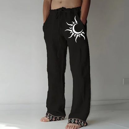 Pantaloni bărbătești mărimi mari din bumbac și in, cu imprimeu cu lună🌙