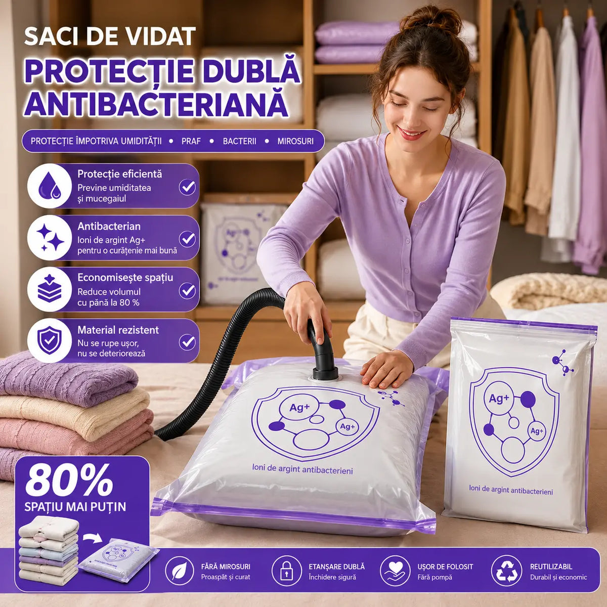 ✨【Set de 5 bucăți】💨 Saci mari de depozitare în vid, compresibili: fără pompă, etanși și ideali pentru economisirea spațiului în valize și acasă ✈️