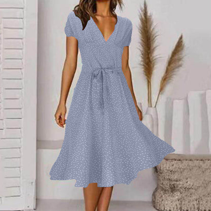 🌈👗 Reducere 50%🔥【40-100kg】Rochie cu mânecă scurtă, decolteu în V și model floral cu buline, mărimi mari