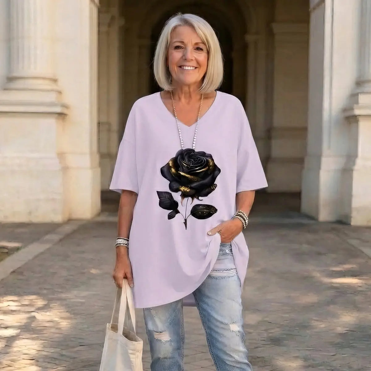 🌹【XL-5XL】Tricou plus-size cu decolteu în V și imprimeu de trandafiri.