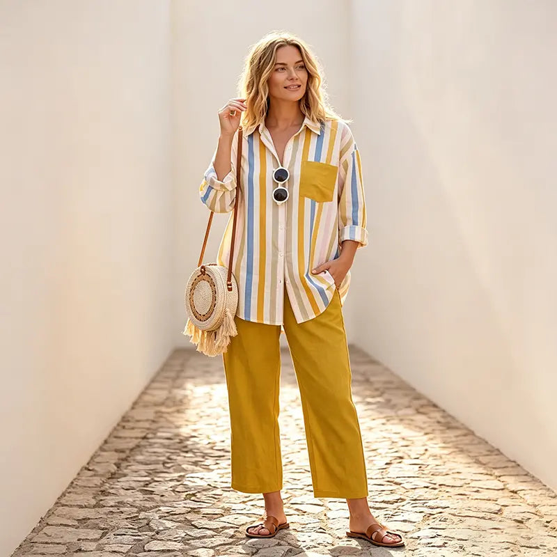🌸 Set casual elegant cu cămașă în dungi și design modern