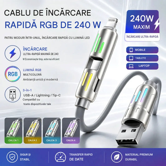 🔥 (2 metri lungime) Cablu 4 în 1 PD 240W – încărcare rapidă USB-C, Lightning și USB-A, aluminiu și silicon, sincronizare date ⚡📱