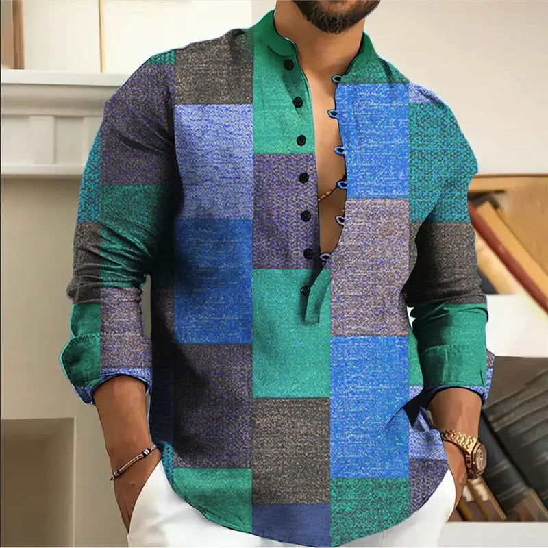 👔 Cămașă bărbătească din bumbac și in cu model geometric